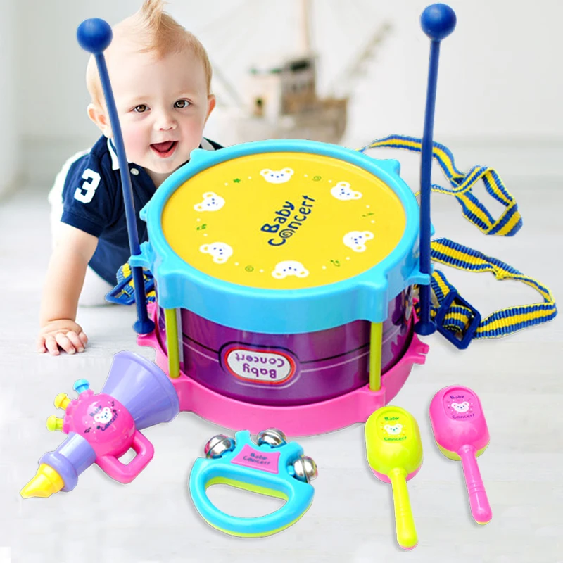 

5Pcs Children Drum Trumpet Toy Music Percussion Instrument Band Kit Early Teaching Aid Educational Toy Baby Kids Children Gift
