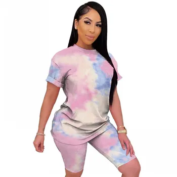 

Female Casual Loose Home Tie Dye Sport Two Piece Sets Women Summer O-neck Short Sleeve Elegant Tracksuit Fashion Matching Set