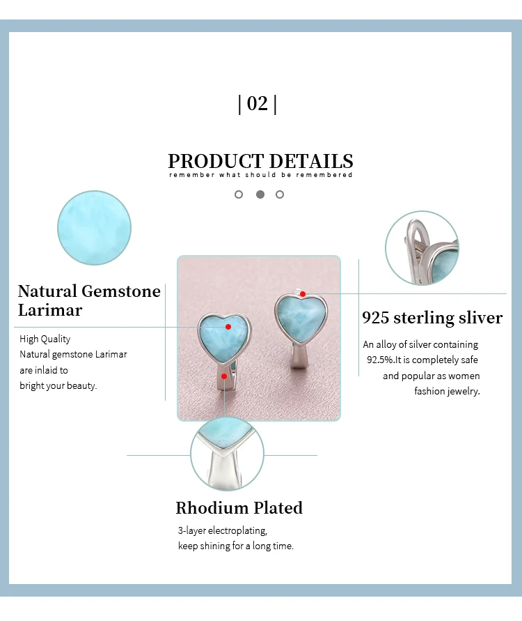 2021 Simple Fashion Geometric LOVE Charm 925 Sterling Silver Jewelry Gift Classic Natural Precious Larimar Earrings for Women