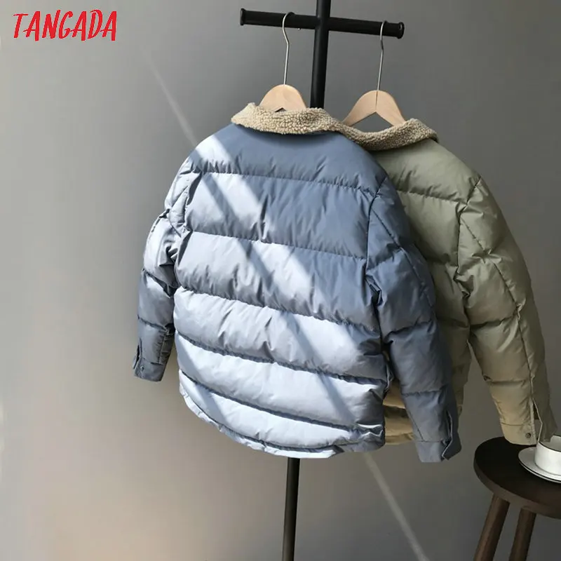 Tangada Women Solid Oversize Parkas Thick Feather turn down collar Zipper Pockets Female Warm Winter Coat ATC08