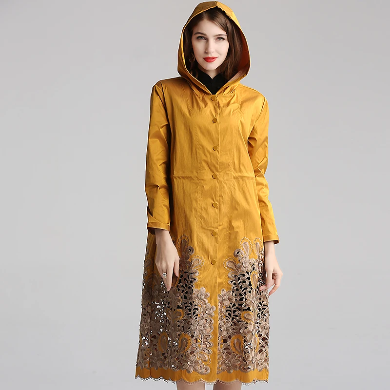 Осенняя и зимняя ветровка с капюшоном, пальто в уличном стиле, с вышивкой, однобортное, с длинным рукавом, тонкое женское пальто, M-3XL - Цвет: Золотой