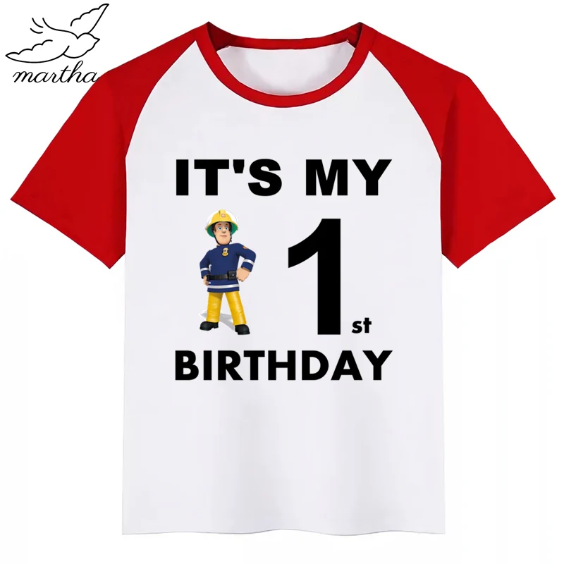 Number1-9Cartoon с днем рождения, Пожарный Сэм, детская одежда, футболка для девочек, подарок на день рождения, детская одежда, футболки для мальчиков, футболки для малышей