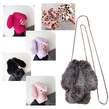 

For Samsung Galaxy S8 S9 S10 edge Plus + Note 8 9 10 Pro Metal Lanyard chain Soft fur Full Rabbit 's hair phone Case