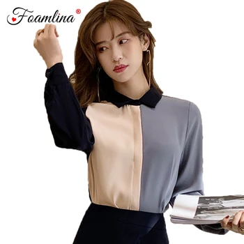 

Foamlina Women's Shirt 2020 New Spring Fashion Color Block Turn Down Collar Long Sleeve Casual Ladies Office Work Wear OL Shirt