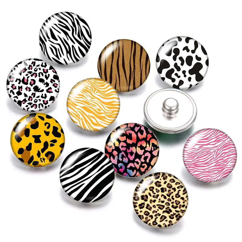 

Leopard Patterns Rotating patterns 18mm snap buttons 10pcs mixed round photo glass cabochon style for snap button jewelry