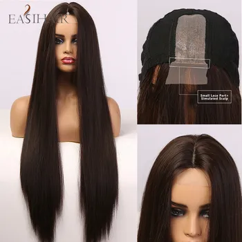 

EASIAHIR Super Long Dark Brown Black Hairline Part Lace Front Wigs for Women Straight Synthetic Natural Hair Heat Resistant Wigs