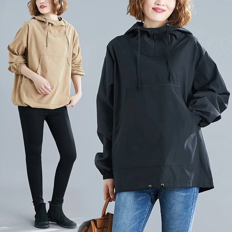 

BIG SIZE Autumn Women Fashion Elegant Solid Color Tops Ladies Female Plus Large Long Sleeve Drawstring Loose Hooded Sweatshirt