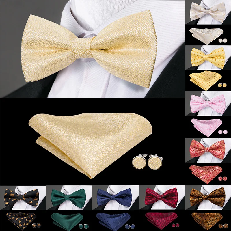 

Hi-Tie Luxury Gold Silk Bow Ties for Men Fashion Men's Yellow Bowtie Handkerchief Cufflinks Set Bow Tie for Man Wedding F-771