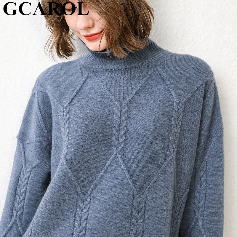 GCAROL корейский женский свитер с геометрическим рисунком и высоким воротом, толстый осенне-зимний вязаный джемпер средней длины, вязаный пуловер с разрезом - Цвет: Blue Fog