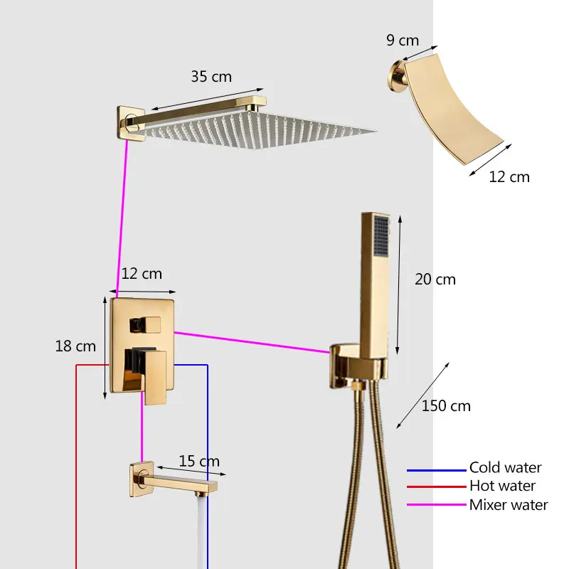 Luxury Golden Modern Concealed Shower Set Hot Cold Mixer Value Brass Ultra-thin Shower Head 2 Way 3 Way Bathroom Crane