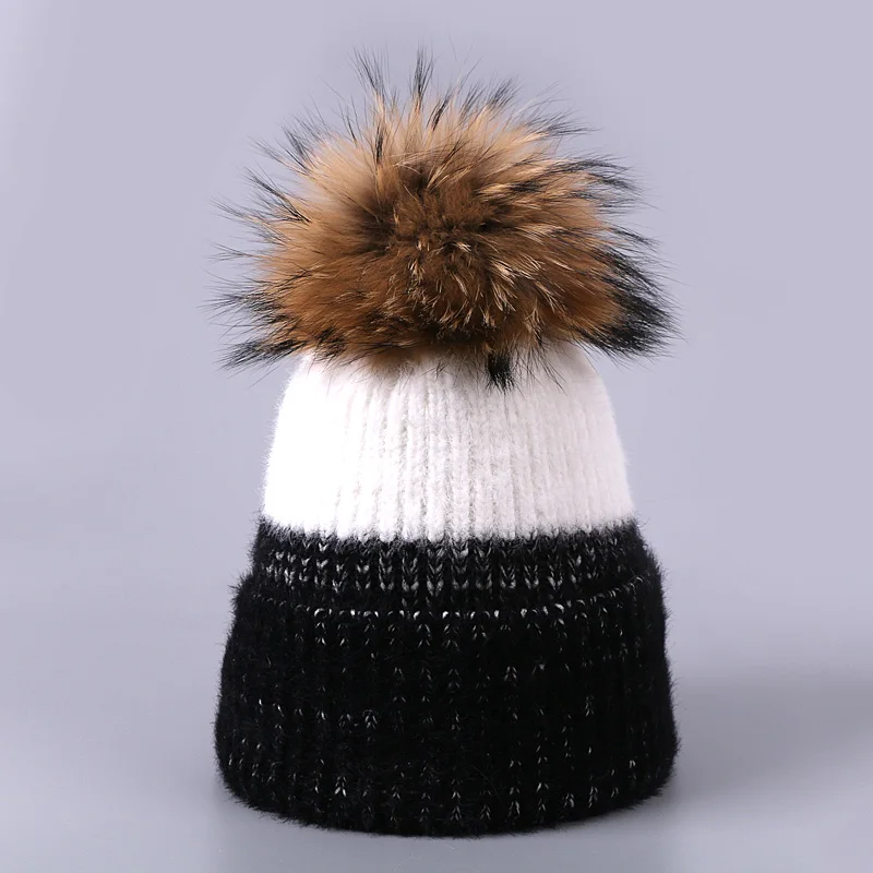 A Winter Female Real Fur Pom Poms Hat For Women Men Knitted Crochet Beanie Ski Cap Warm Thick Outdoor Solid Color Skullies Beanies - Цвет: A