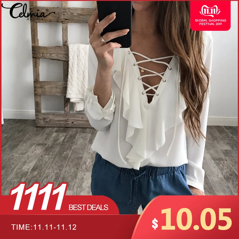Prix Celmia femmes été Blouse 2019 mousseline de soie Blouse haut sexy à lacets col en V à volants à manches longues chemise décontracté grande taille Blusa Feminina