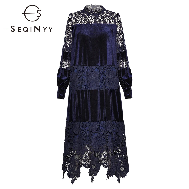

SEQINYY Navy Dress 2020 Early Spring Autumn New Fashion Design Women Long Sleeve Lace Flowers Velvet Loose Midi Dress