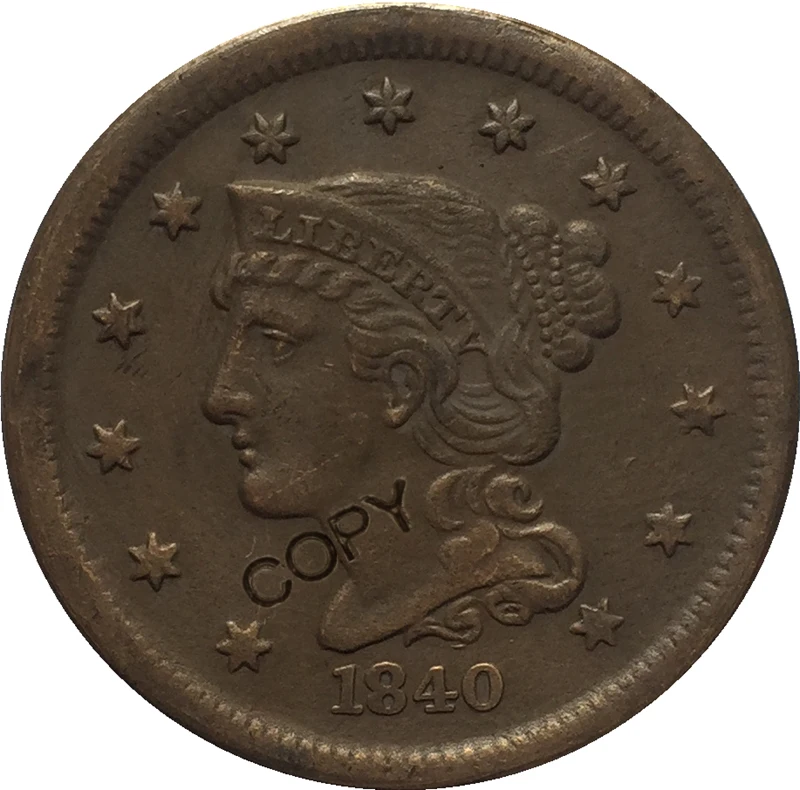 США 1839-1857 Заплетенные волосы большой цент копии монет