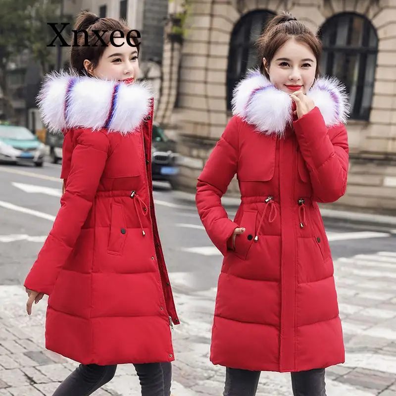 Red White Blue Windproof Warm Casual Women Long Winter Parka Slim Coats Jackets Hooded Pockets Parka Feminina Winter Clothes Fur