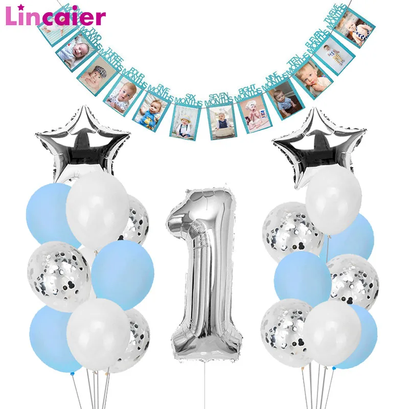 Best Price Globos azules plateados para primer cumpleaños, láminas con números para globos, banderines para primer cumpleaños, decoraciones para fiesta de bebé, suministros My 1 año Q5XED71y
