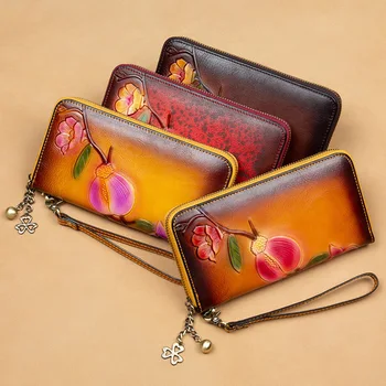 

Genuine Leather Women's Long Wallets Vintage Embossed Purse Ladies Casual First Layer Cowhide Flower Zipper Handmade Clutch Bag