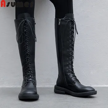 

Asumer 2020 new genuine leather boots women round toe zip med heels shoes knee high boots cross autumn winter boots size 34-40