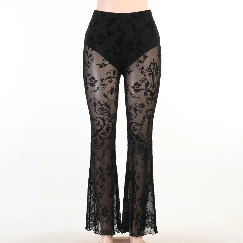 Black Gothic Lady Sexy Transparent Long Flare Pant Summer Mesh Floral Women Dark Goth Street Pants See Through Sexy Trousers