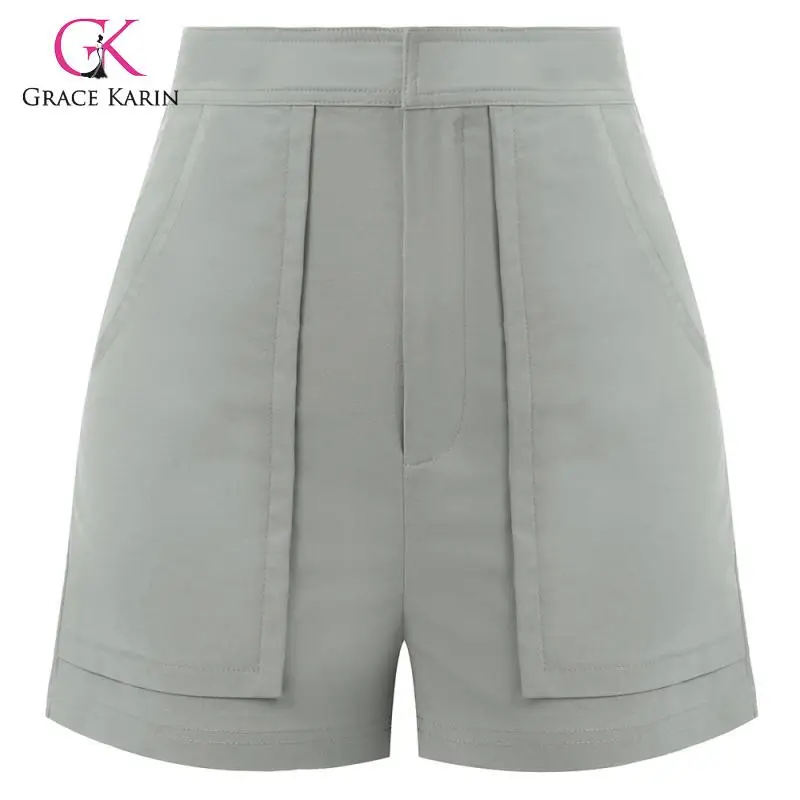 Grace Karin Модные женские шорты с высокой талией, короткие штаны, прямые штаны с карманами, шорты на молнии, Женские однотонные шорты
