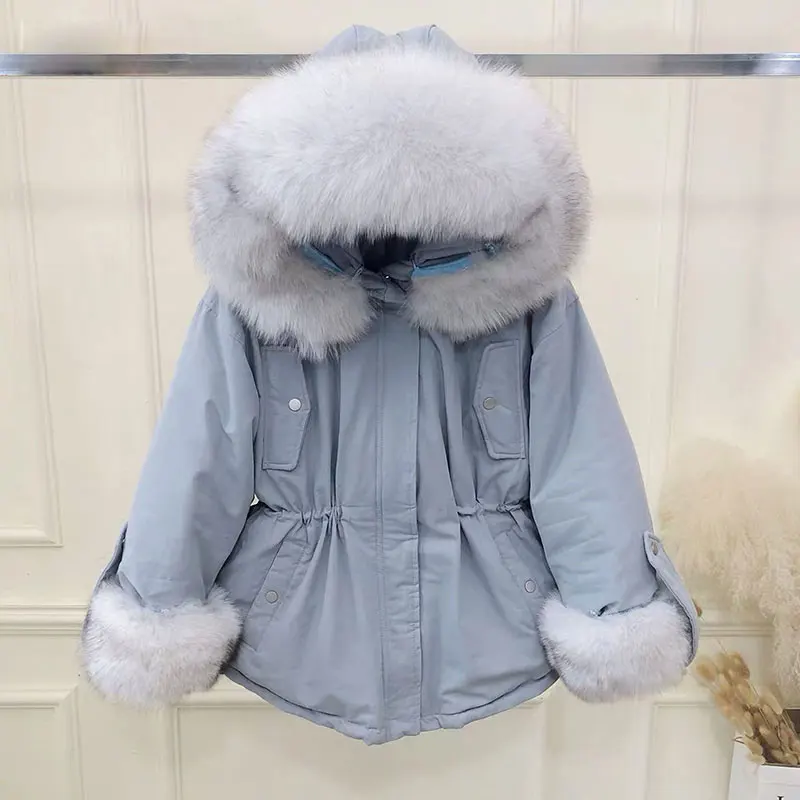 Зимняя куртка из натурального Лисьего меха, Женская хлопковая куртка, толстая теплая женская зимняя куртка, женская пуховая парка с капюшоном