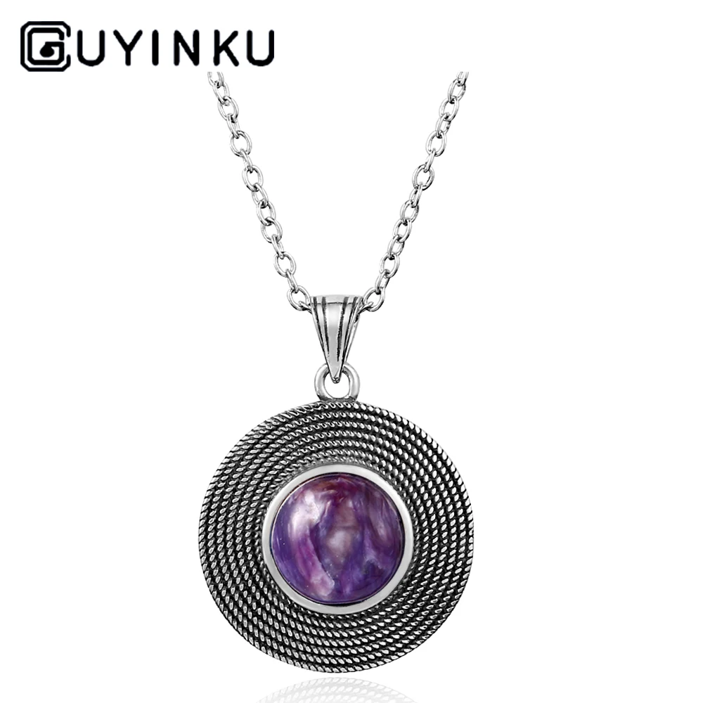 

GUYINKU S925 Sterling Silver Jewelry Natural Purple Dragon Crystal Moonstone Sun-Shaped Necklace Pendant Engagement Party Gift