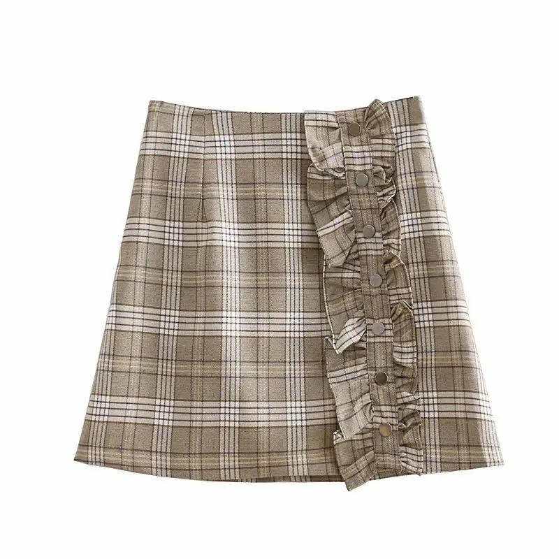 

Europe And America Autumn Clothing New Style High-waisted Slimming Retro Versatile Plaid Button-up Skirt A- line Skirt Short Ski