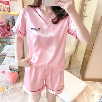 

2020 Pajamas New Women's Short-sleeved V-neck Shorts Letter Embroidered Pajamas Suit Korean Loose Sweet Cute Satin Home Service