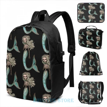 

Funny Graphic print Skeleton mermaid USB Charge Backpack men School bags Women bag Travel laptop bag