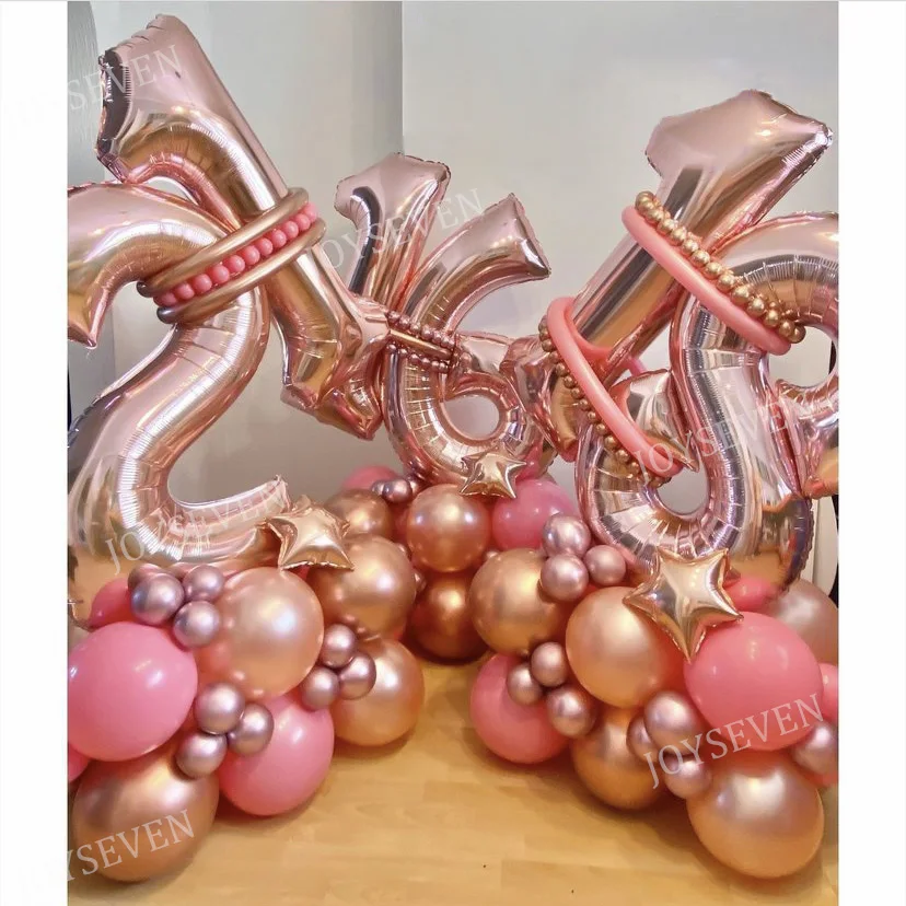 32Pcs Rose Gold Number Foil Balloons Set Metallic Latex Balloons For Happy Birthday 16 18 25 30 40 50 Birthday Party Decorations