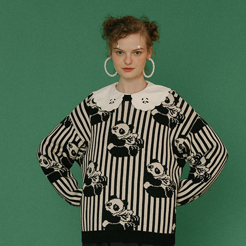 

Spring Winter High Quality Original Design Women Striped Sweater Chinese Pandas Femme Loose Thick Pullover Knitted Jumpers