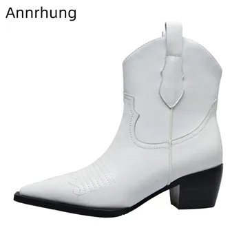 

Black White Genuine Leather Ankle Boots Women Concise Slip On Pointed Toe Chunky Block Heel Women Boots Fashion Sewing Botas