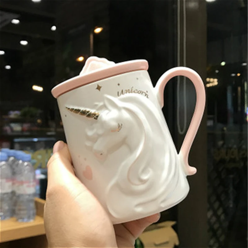 Pink 340 мл кружка единорог Радуга Лошадь Единорог кружки чашка Милая Единорог керамическая кофейная кружка тиснение Стерео милые чашки Единорог - Цвет: Pink