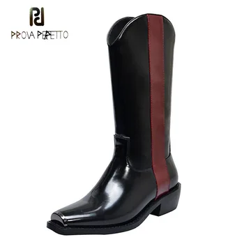 

Prova Perfetto fashion women knight boot metal decor square toe chunky heel knee high boot 2019 hot sale martin long boot female
