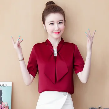 

Women's chiffon bow solid color casual short-sleeved T-shirt gray