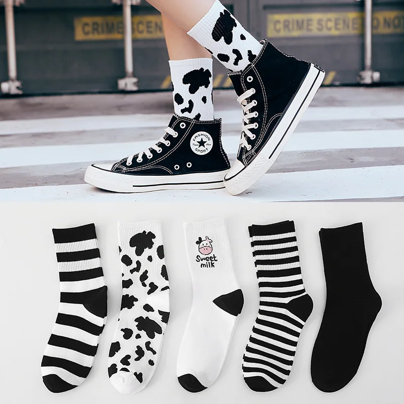 

New Cow Printed Sock Lovely Harajuku Cotton Women Striped Solid Breathable Casual Cartoon Socks White calcetines Skarpetki