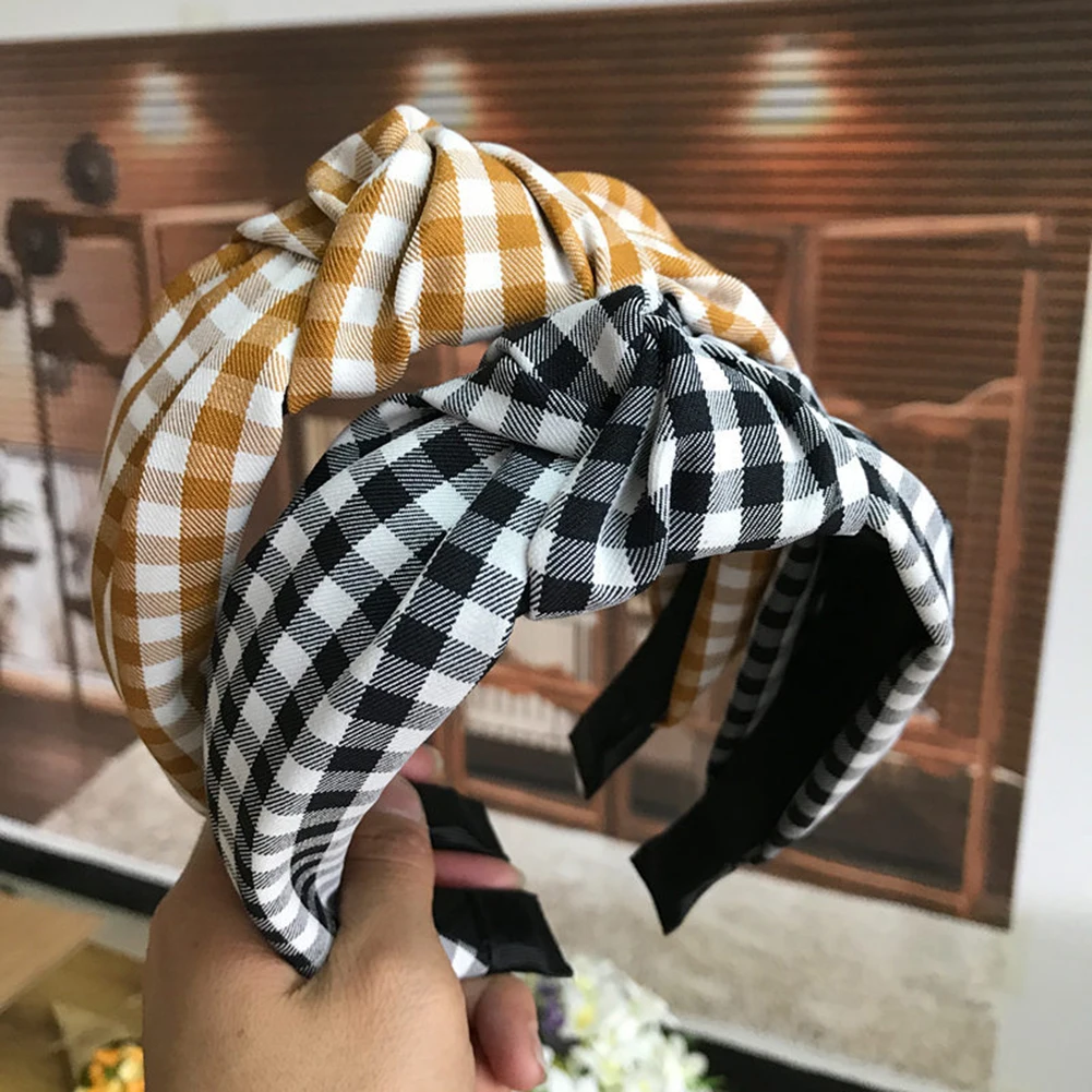 

Check Pattern Print Headband Knotted Hair Band Women Headbands Hairbands Headwear 2021 New Arrival Bow Wide Head Hoop