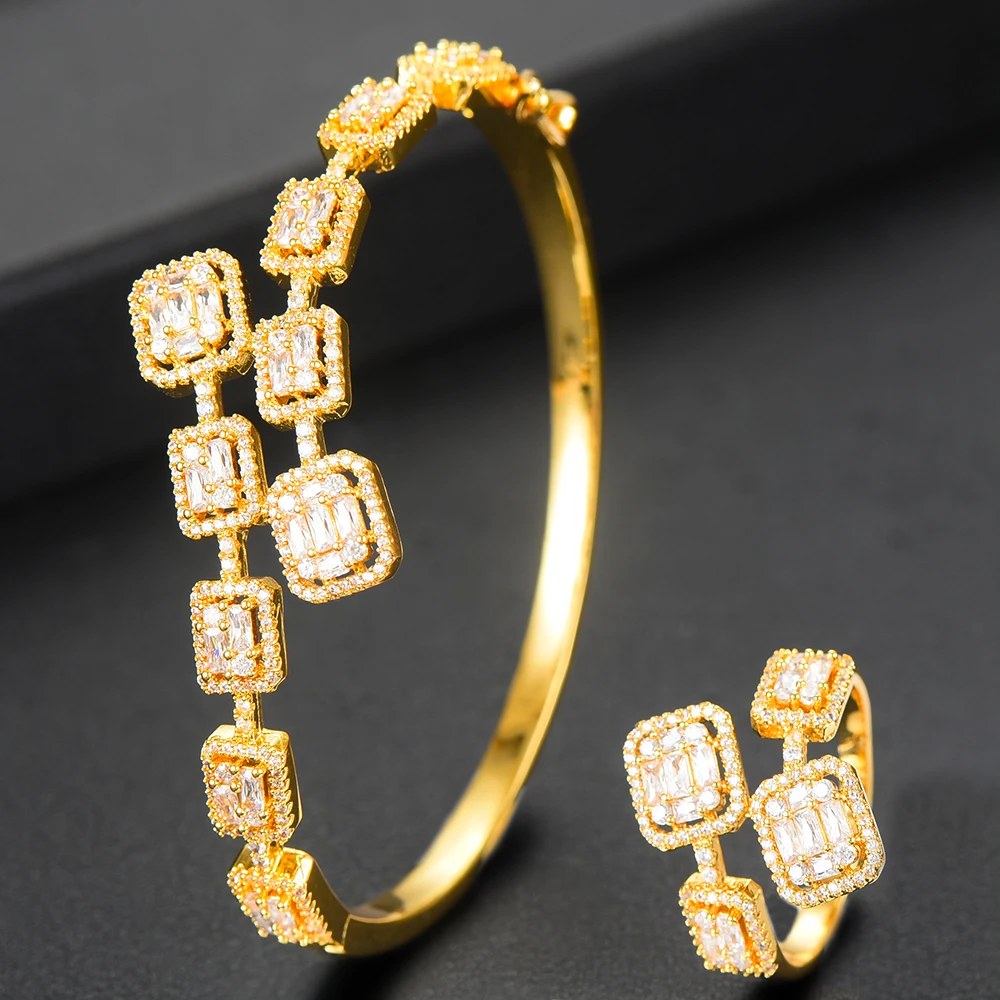 GODKI Trendy Stacks Jewelry Set For Women Wedding Baguette Saudi Arabia Bangle Ring Engagement brincos para as mulheres 2020 | Украшения и
