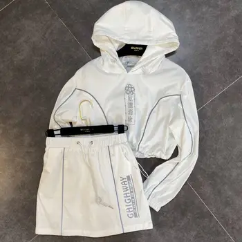 

Long Sleeve Hooded Sweatshirt Top Short Mini Skirt Suits Two Piece Set Women Streetwear Sport Casual Black White Clothes Outfits