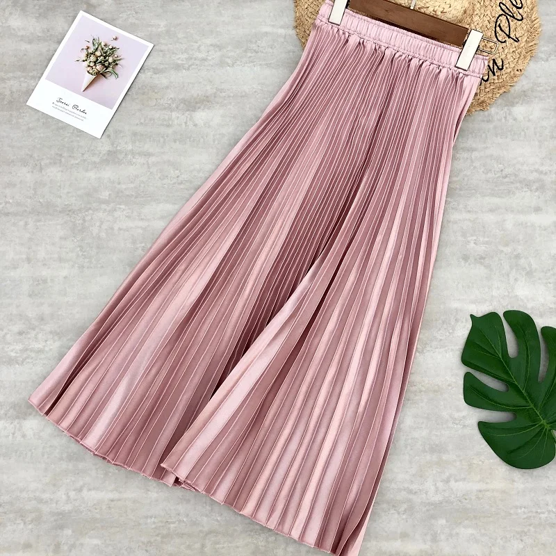 

Women Preppy Style Korean Pleated Midi Skirts Metallic Color Shiny Solid Silver Gold Long Skater Satin Femme Jupe Office Lady