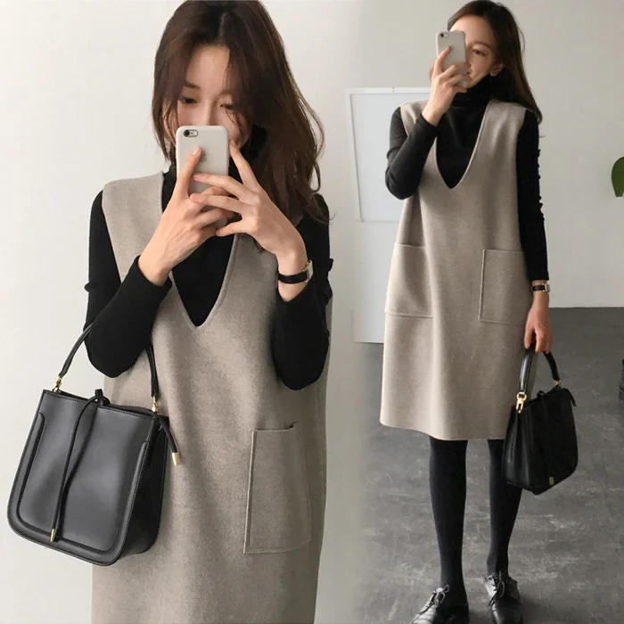 2PCS/Set Maternity loose woolen vest skirt+Black Knitted Maternity Bottoming Shirts New autumn winter Dress for Pregnant Women