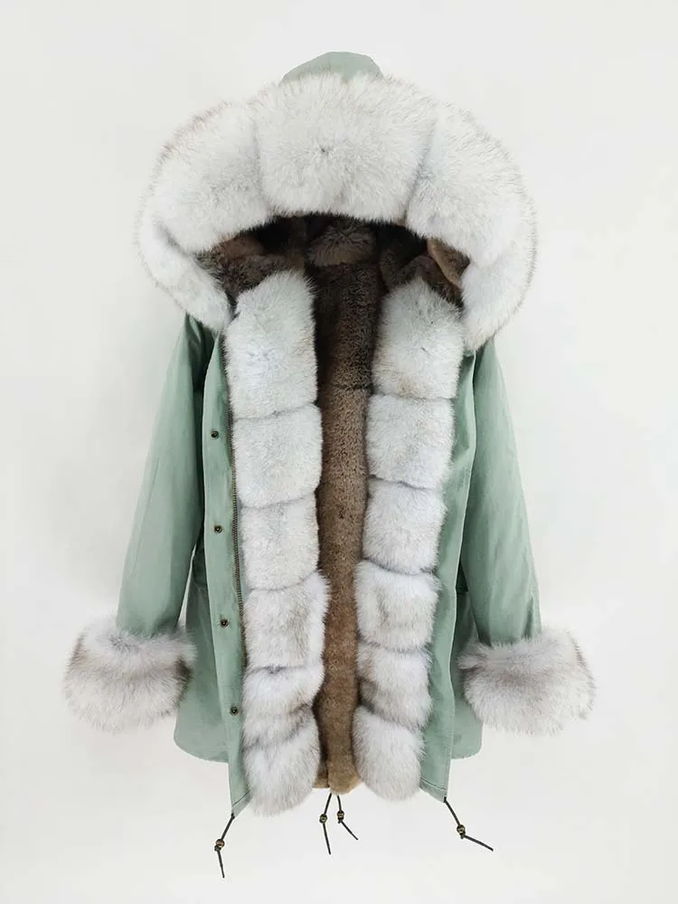fox fur cuffs 32 Настоящая меховая парка, женская зимняя куртка, пальто из натурального меха лисы с капюшоном, пальто из натурального кроличьего меха, куртки с подкладкой, женские шубы из натурального меха, серебряные - Цвет: fox fur cuffs 32
