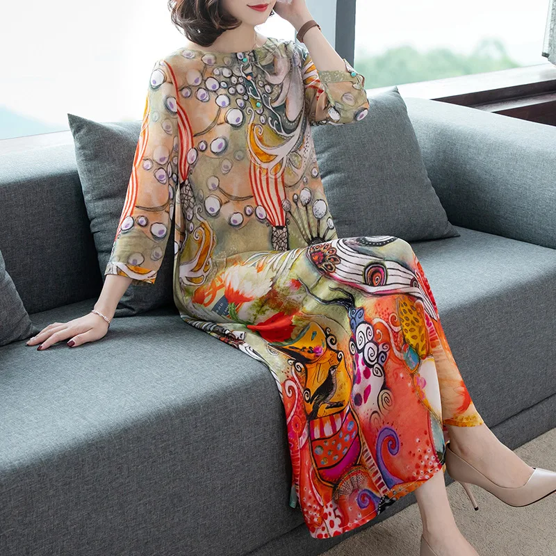 

Silk Dress Women's Printed Loose-Fit Slimming 2019 Spring Clothing New Style Crew Neck Retro Mulberry Silk Long Skirts