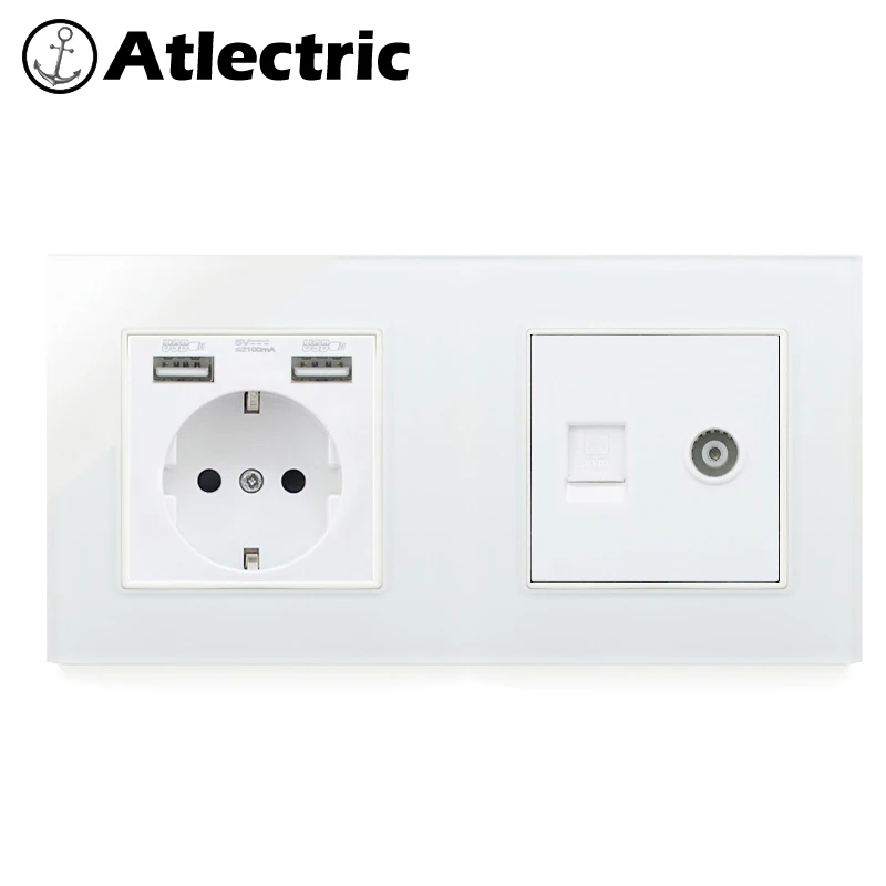 Atlectric DE EU настенная розетка двойной USB, RJ45, ТВ порт двойная розетка электрическая розетка стеклянная панель светодиодный индикатор переходник usb,разетка с usb для дома,розетки