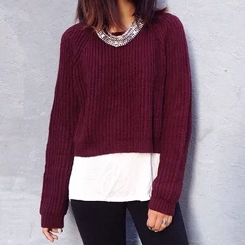 

2020 Winter Fashion Europe And America Ladies Sweaters Long Sleeves Split Wine Red Short Section Umbilical Pullovers 16863