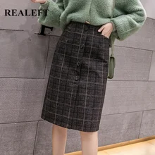 REALEFT осень зима женские винтажные шерстяные клетчатые миди прямые юбки с высокой талией длиной до колена Юбки Saia Женские с карманом