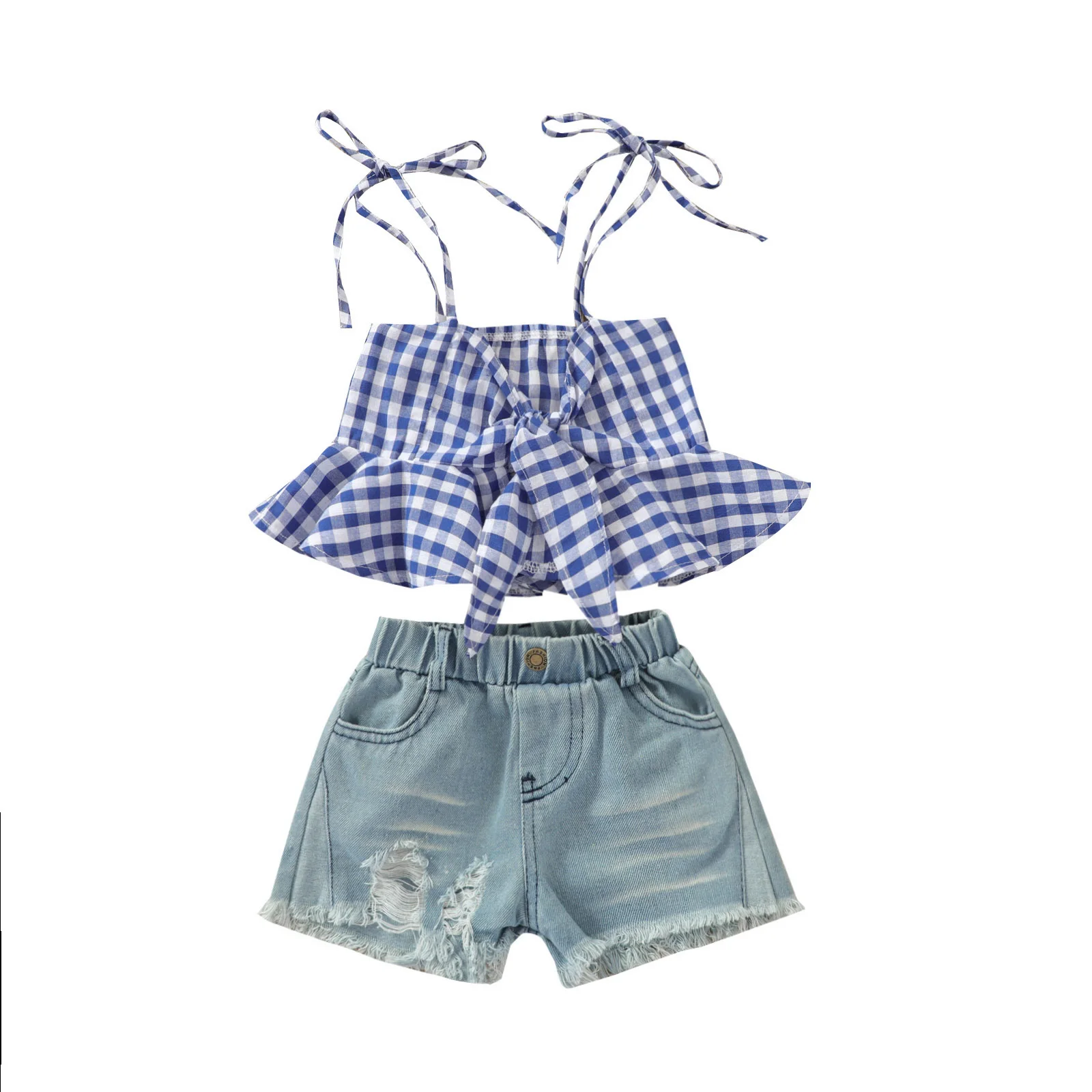 1 6Years Fashion Summer Kids Baby Girl Outfits Plaids Camisole+Ripped