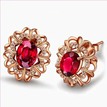 

FYJS Unique Rose Gold Color Oval Shape Red Crystal Stud Earrings for Women with Rhinestone Jewelry