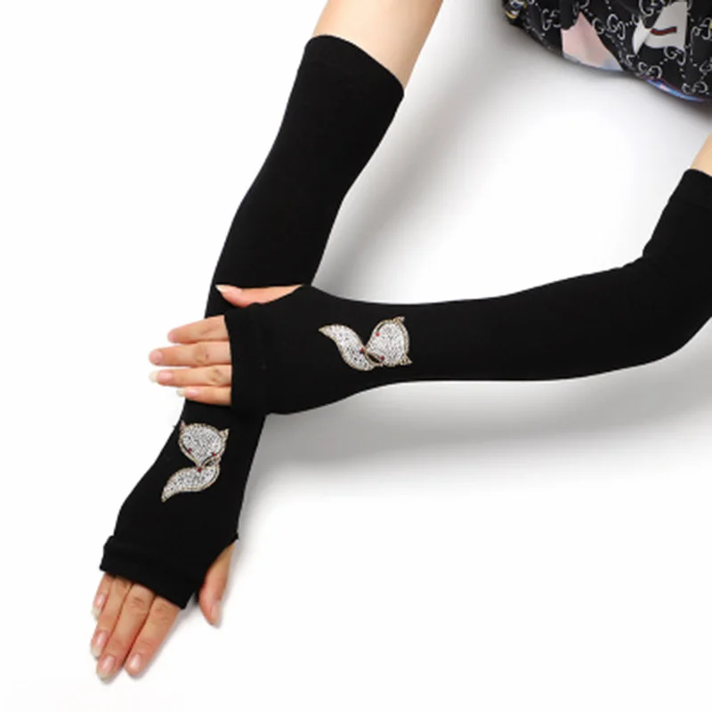 Женские матросский танцевальный перчатки без пальцев с заклепками, женские перчатки с милой лисой, зимние теплые вязаные длинные черные перчатки с полупальцами для вождения, H37 - Цвет: Fox