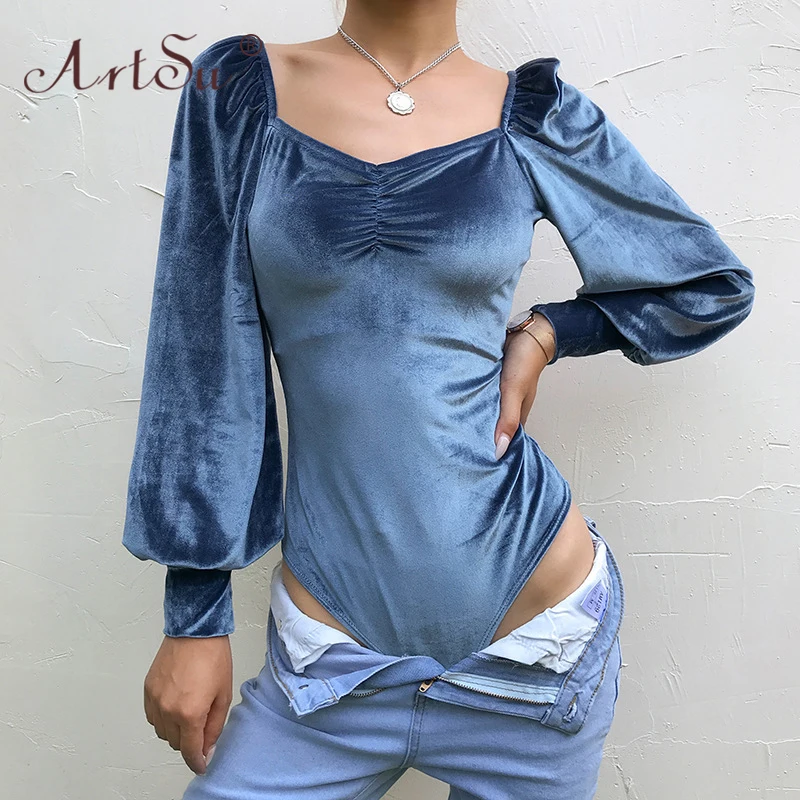 ArtSu сексуальный открытый бандажный Топ для тела Mujer женские рубашки Зимние бархатные боди модные кружевные Вечерние боди с бантом